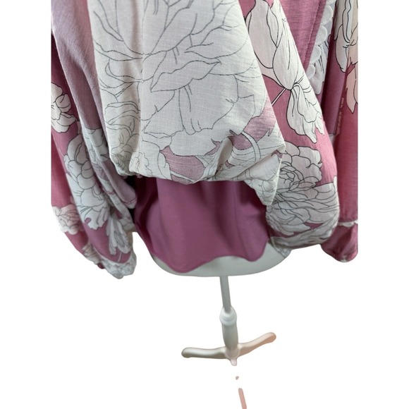 Entro Floral V-Neck Top Scalloped Trim Puff Sleeve Pink & White Large - Picture 15 of 15